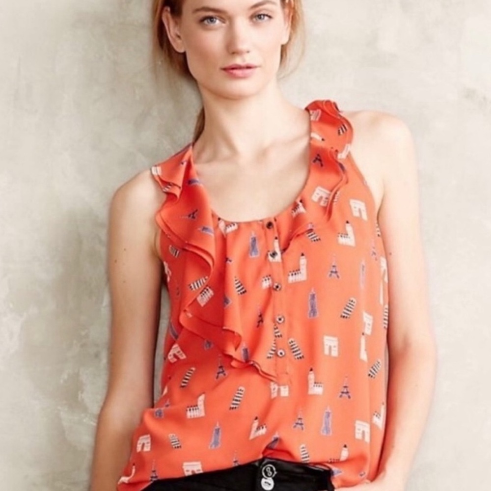 2/$30 Anthropologie Maeve Aurelie Eiffel Tower Sleeveless Ruffle Blouse SZ 6